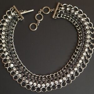 Premier Designs Silvertone Link Entwined W/ Suede & Crystal Necklace